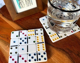 Set of 2 Colorful Double 6 Domino Coasters • Upcycled Cork Coaster