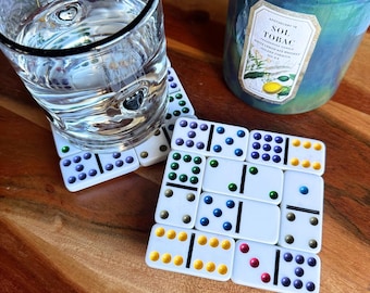 Set of 2 Colorful Double 9 Domino Coasters • Upcycled Cork Coaster