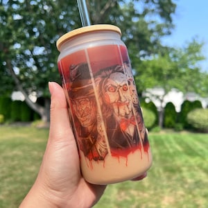 Horror characters | Serial killers Cup| Halloween Glass can| Glass cup with bamboo lid|Beer Can Glass Cup |FROSTED Glass| Coffee Glass Can|
