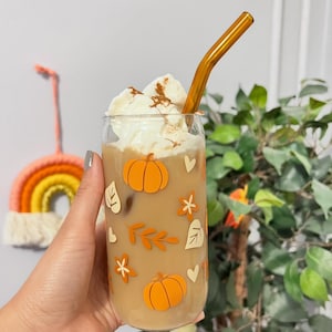 Pumpkin Glass Iced Coffee Sipper Cup 16oz Coffee Cup With Lid and Straw, Gift for Fall Season, Pumpkin Season, Autumn spice glass cup