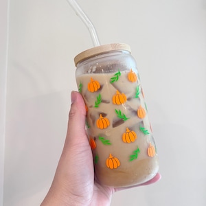 Pumpkin Glass Iced Coffee Sipper Cup 16oz Coffee Cup With Lid and Straw, Gift for Fall Season, Pumpkin Season, Autumn spice glass cup
