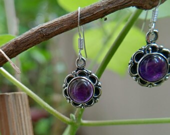 Sterling Silver Dangle Amethyst Earrings : Gift for Her , Birthstone  February
