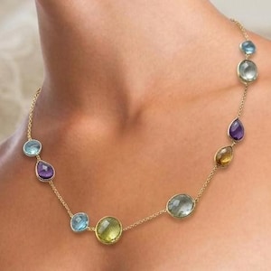 Collar con colgante de múltiples piedras preciosas chapado en oro de 14k – Cadena con engaste de bisel en tonos pastel arcoíris