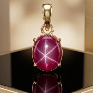 Ciondolo a forma di stella rossa con rubino, in argento sterling 925, cabochon ovale 10 x 12 mm.