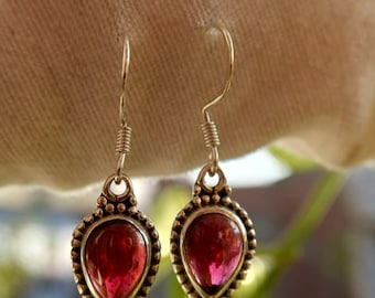 Garnet Drop Earrings: Pear Red Gemstone, Sterling Silver Dangle