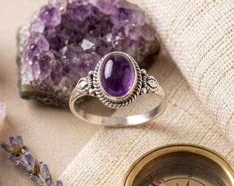 Amethyst Gemstone Ring: Sterling Silver, Handmade Boho Chic Jewelry