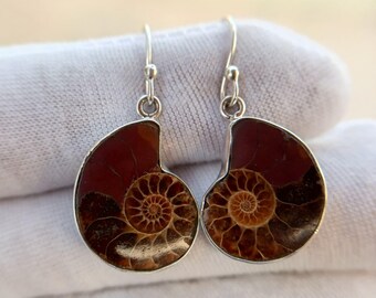 Ammonite Fossil Earrings, Reddish-Brown Spiral Shell, Natural Stone Jewelry