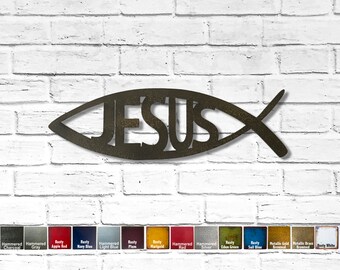 Jesus Fish with text metal wall art - Available in 11, 17 or 23 inch - Choose your Patina Color, Size and Optional Design - Handmade