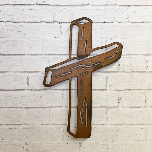 Ready to Ship! Wooden Look Cross - Metal Wall Art - 17" tall x 11" wide - Finished in Rusty Hammered Copper