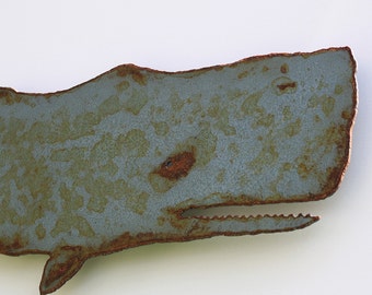 Whale Metal Wall Art - Moby Dick Sperm Whale 11" wide - small treasure gift - blueish grey with rust patina - steel moby dick art novel fish
