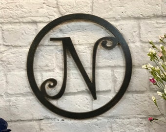 Encircled Metal Letter N - Wall Art - Choose 8", 12", 17", 24" or 30" tall - Curlz Font -Choose your Patina Color, and any Letter or Number!