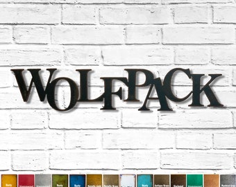 WOLFPACK sign - Metal Wall Art - Choose your Size 25", 35" or 40" wide - Choose your Patina Color - Hanging Metal Words Handmade - Man Cave