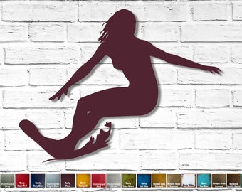 Female Surfer Metal Wall Art Decor - Handmade - Choose your Size 17", 24" or 36" wide - Choose your Patina Color!