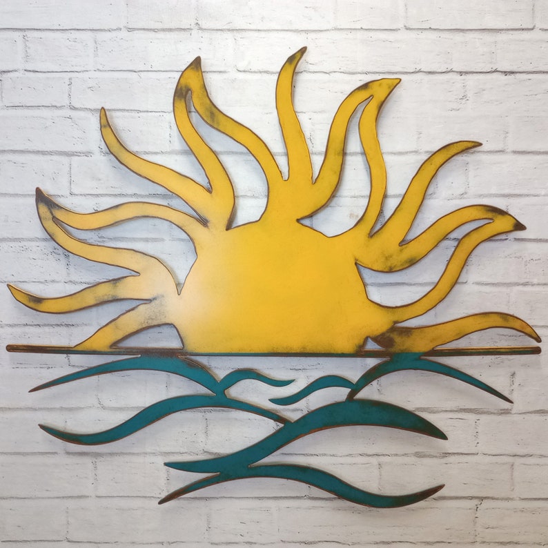 Sun and Waves Metal Wall Art Home Decor Choose 17, 23, 30, 36, or 40 wide, Choose your Patina Color Homemade image 9