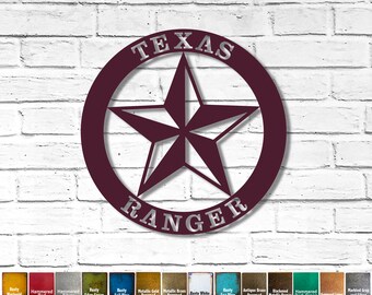 Texas Ranger with Star - Metal Wall Art Home Decor - Handmade - Measures 18" x 18" - Choose your Patina Color