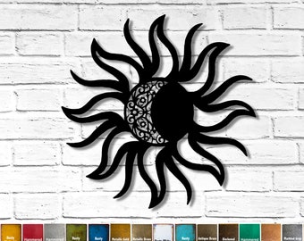 Sun with Moon Inset - Metal Wall Art Home Decor - Handmade - Choose your size 23", 30", 36" or 40" - Choose your Patina Color