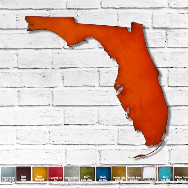 Florida -Metal Wall Art - Handmade - Choose 10", 16" or 22" wide - Choose your patina color -and Choose any USA State!