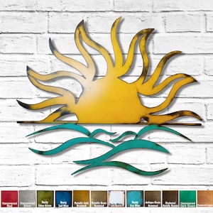 Sun and Waves Metal Wall Art Home Decor Choose 17, 23, 30, 36, or 40 wide, Choose your Patina Color Homemade image 1