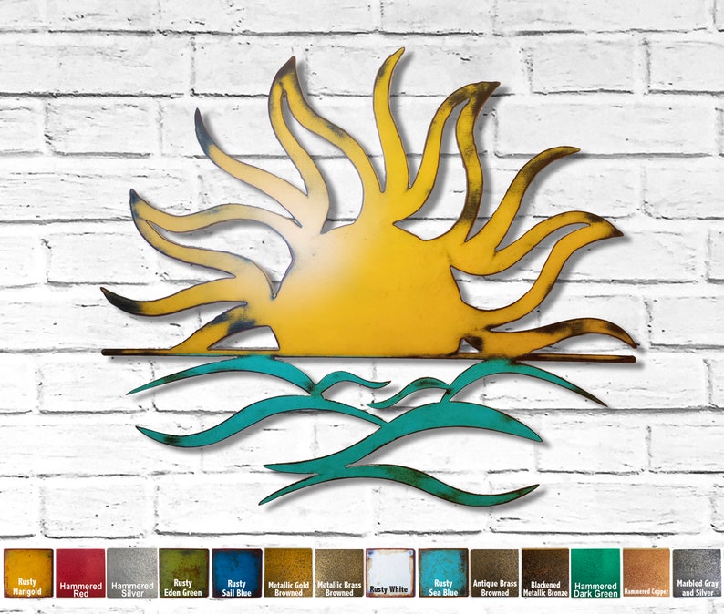 Sun and Waves Metal Wall Art Home Decor Choose 17, 23, 30, 36, or 40 wide, Choose your Patina Color Homemade image 1