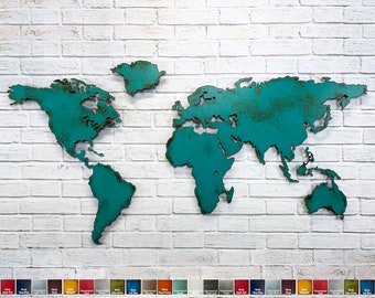 World Map - Metal Wall Art - 26" tall x 50" wide - NO ANTARCTICA - Choose your Patina Color, Choose a Size and With or Without Antarctica