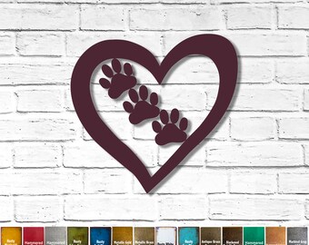 Heart with Paw Prints - Metal Wall Art Home Decor - Choose 8", 12" or 17" wide, Choose your Patina Color - Handmade - Hanging Heart for Wall