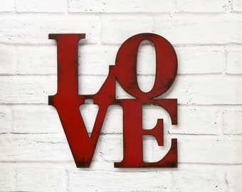 Love wall art metal sign - 8" or 15" tall - love metal wall hanging - red with rust accents patina - love sign art - choose color