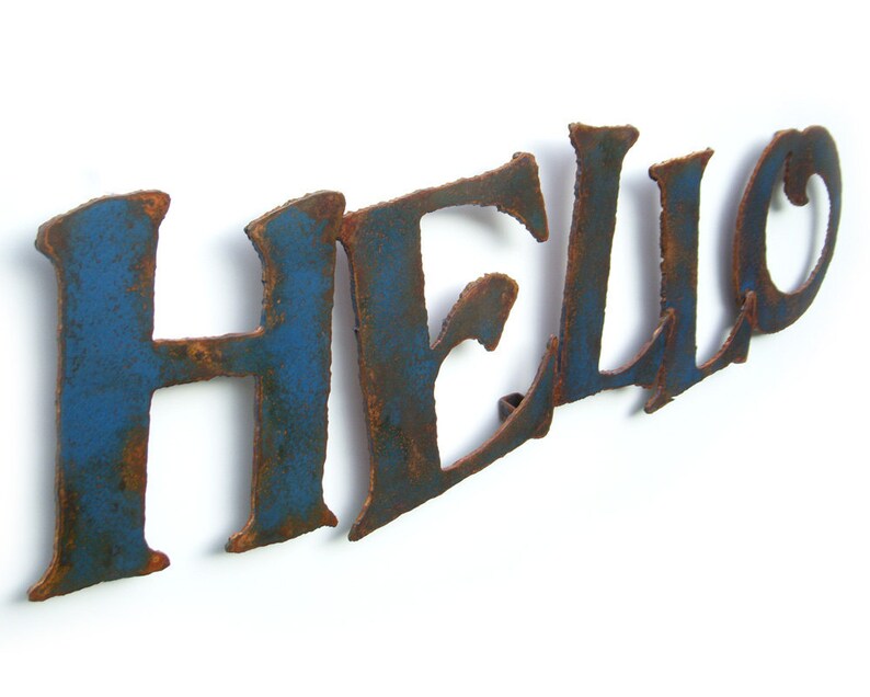 Hello Metal Wall Art 32 Wide Metal Sign Rust Patina Etsy