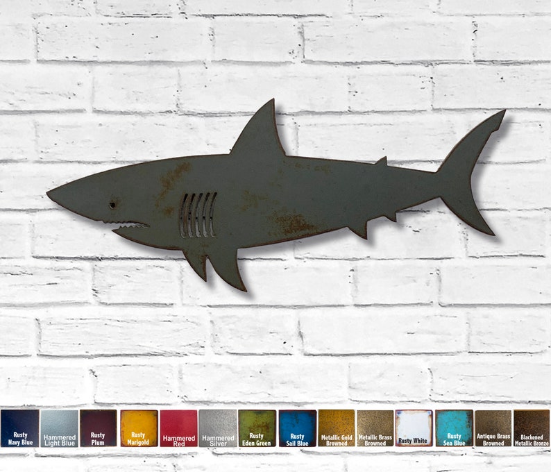 Shark Metal Wall Art Home Decor Handmade Choose your Size 11, 17 or 23 and Patina Color and Choose from a Variety of Nautical Items image 1
