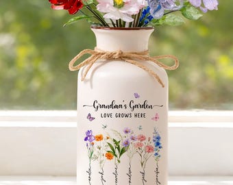 Glass Birth Month Flower,Custom Grandma's Garden Floral Vase, Hand Blown Spring Flower, Glass Flower With Grandkids Names, Mother's Day Gift