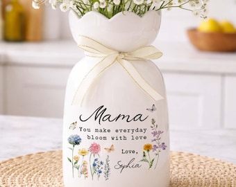 Custom Mama Flower Ceramic Flower Vase, Grandma Wildflower Gifts, Mothers Day Gift for Nana, Gift from Grandkids, Nanny Gift, Gift For Mom