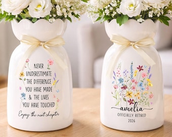 Personalized Retirement Ceramic Flower Vase, Teacher Retirement Gift, Happy Retirement, Retired Coworker Gift, Teacher Appreciation Gift