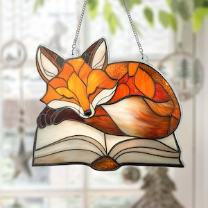 Fox Sleeping On Book Acrylic Suncatcher, Book Lover Gift Window Hanging, Fox Lover Gift Wall Art Home Decor Gift For Mom, Librarian Gift