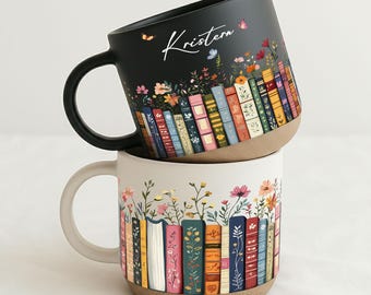 Vintage Bookshelf Library Pottery Mug Book Lover Gift, Floral Bookish Gifts For Reader, Reading Coffee Cup