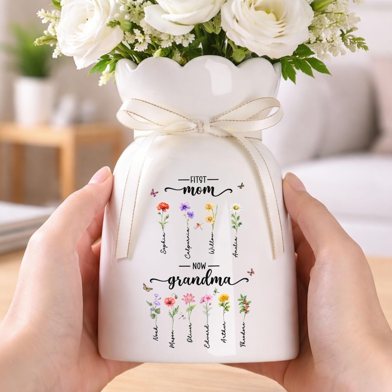 grandma vase
first mom now grandma
birth flower vase
mothers day gift grandma
nana gift
custom flower vase
grandmas garden
gift for grandma
personalized vase
family birth flower
mom to grandma gift
birthday gift for grandma
ceramic vase gift