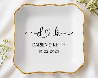 Personalized Engagement Ring Dish, Initials Date Ring Dish, Gift For Bride and Groom, Wedding Gift,Bridal Shower,Anniversary Gift For Couple