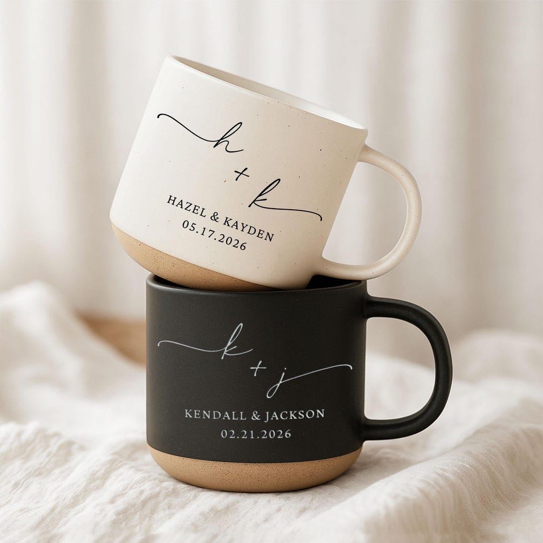 Personalized Couple Pottery Mugs, Husband and Wife Mugs, Mr and Mrs Mug, Custom Wedding Gift Mugs, New Bride and Groom Mug, Gift For Couples - Engraved, White
