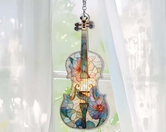 Personalized Violin Acrylic Suncatcher, Floral Violin Music Teacher Window Hanging, Music Instrument Ornament Christmas, Music Lover Gift