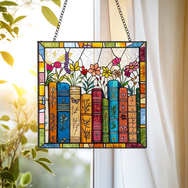 Book Flowers Stained Glass Suncatcher Gift For Book Lover, Book Club Gifts, Bookish Keepsake Window Decor