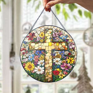 Stained Glass Cross And Wildflowers Suncatcher Christian Glass Window Hanging Flower Cross Religious Gift Christmas Faith Cross Home Decor