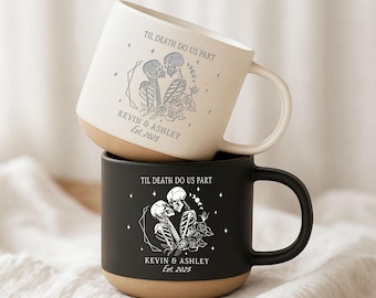 Til Death Do Us Part Personalized Skeleton Anniversary Pottery Mug, Halloween Lovers Christmas Gift, Skeleton Couple Mug,Gothic Wedding Gift
