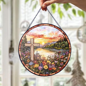 Stained Glass Cross And Wildflowers Suncatcher Christian Glass Window Hanging Flower Cross Religious Gift Christmas Faith Cross Home Decor