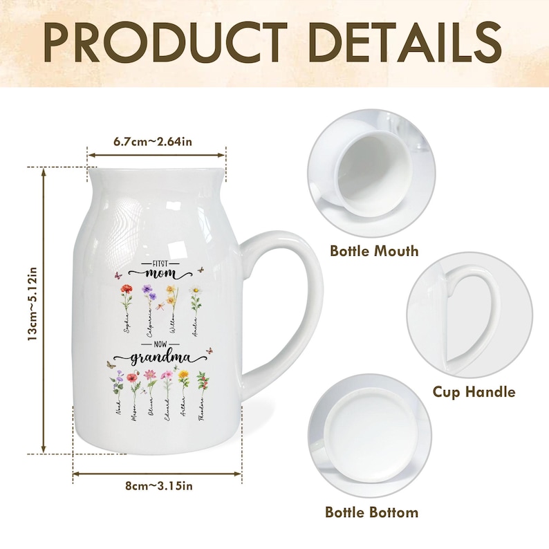 K&ouml;nnte beinhalten: Wei&szlig;er Keramikbecher mit gebogenem Henkel, mit Blumendesigns und dem Text "FITST mom NOW grandma." Der Becher ist 13 cm hoch und 8 cm breit. Produktdetails: &Ouml;ffnung, Henkel und Boden.