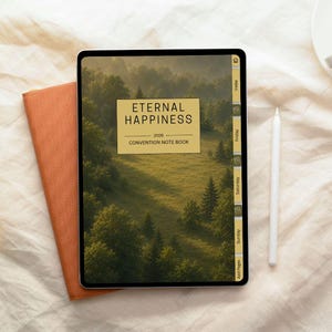 Könnte beinhalten: Ein digitales Tablet zeigt ein 2026 Convention-Notizbuch mit dem Titel ETERNAL HAPPINESS und einem Waldlandschaftshintergrund. Der Bildschirm verfügt über eine seitliche Navigationsleiste mit Reitern für Index, Friday, Saturday, Sunday und Add Pages sowie einen weißen Eingabestift.
