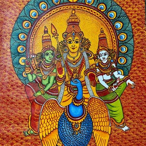 Kerala Mural Painting of Lord Murugan with Valli & Devasena – Handmade Traditional Hindu Wall Art – Peacock Mount – Subramanya Decor
