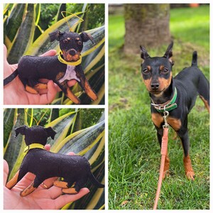 May include: A black and tan dog ornament with a yellow collar. The ornament is held in a hand. The dog is standing on green grass with a leash. The dog has a white patch on its chest. The dog is a Miniature Pinscher.