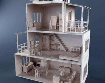 Large 3 Story Wooden Dollhouse Kit, DIY 3D Model House with Furniture, Miniature House Kit, Handmade Wood Toy, Gift for Kids & Adults