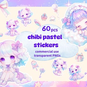 May include: A collection of 60 chibi pastel stickers with a dreamy aesthetic. The stickers feature adorable anime-style characters in soft pastel colors, along with decorative elements like bows and balloons. The text on the image says "commercial use transparent PNGs."