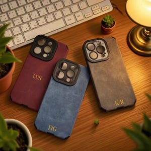 Personalized Suede iPhone Case for iPhone 16, 15, 14, 13 Pro Max – Custom Leather Phone Case with Initials Engraving – Monogram Gift for Her