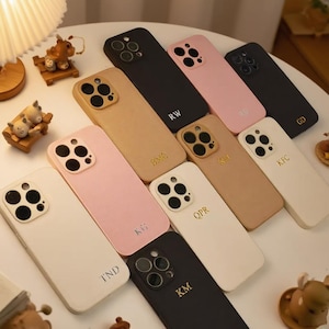 Personalized Leather Case for iPhone 16 Pro, iPhone 15 Phone case Initials Engraving, Monogram Engraved Vegan Leather Phone case, Gift idea