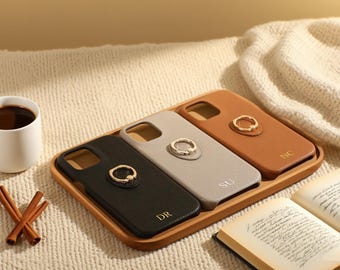 Personalized Leather iPhone17 Case with Ring Holder: Gold Initial Embossed